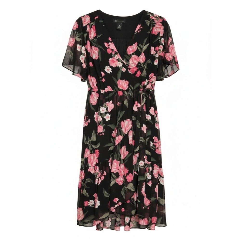 INC International Concepts Black Midi Dress with Pink Floral Print